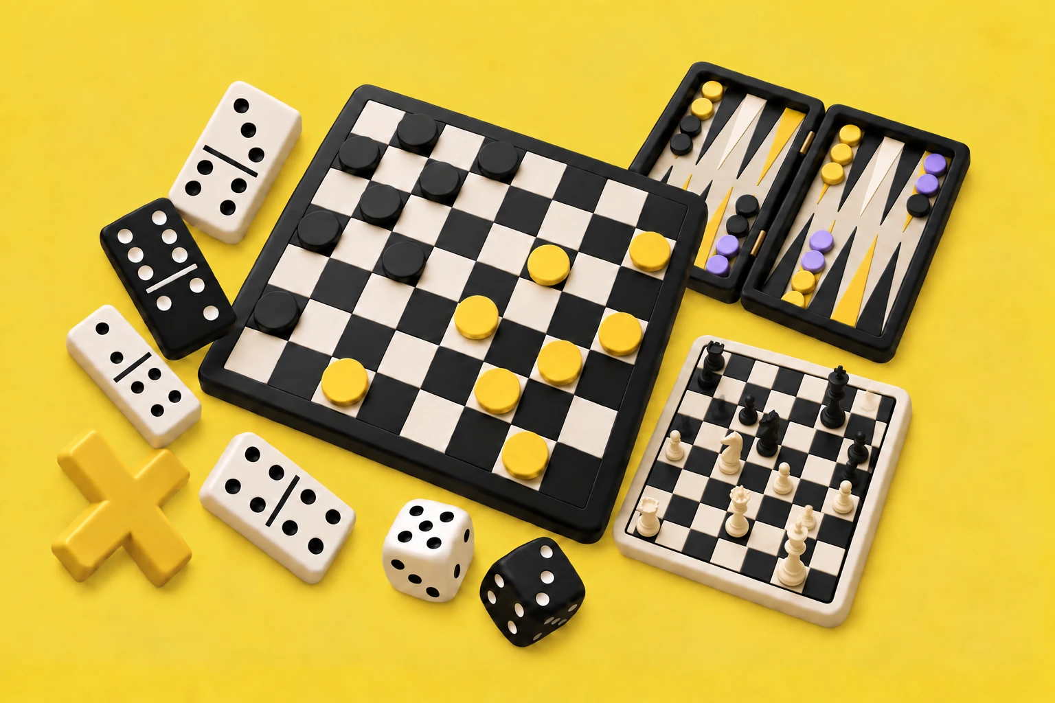 A board-game scene with checkers, chess, backgammon, dominoes and dice